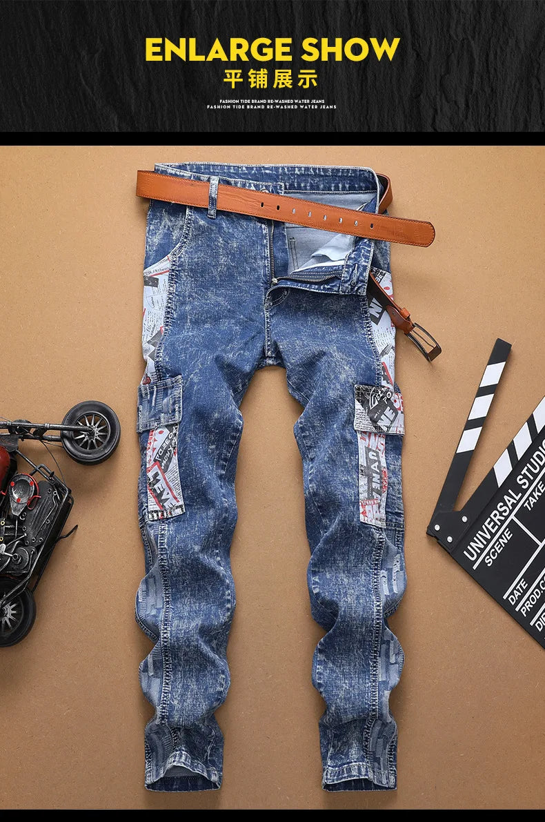 Europe Jeans Men's Straight Tight Splicing Comfortable Stylish Motorcycle Tousers All-match Printing Casual Male Denim Pants