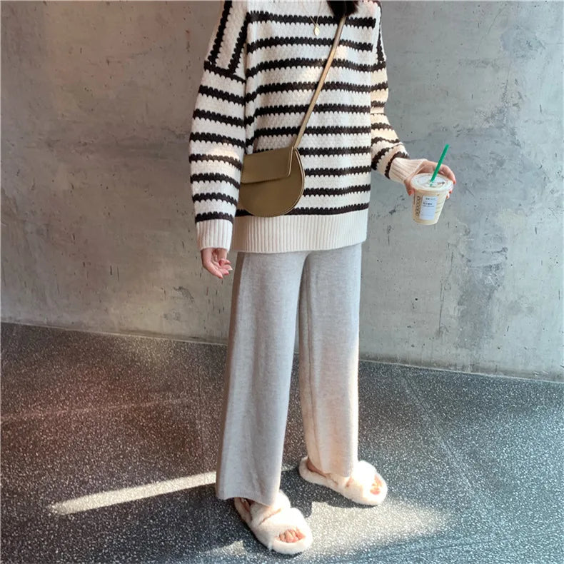 2022 Fall Winter New Twist Knitted Wide Leg Tousers Women Korean Comfy High Waist Tie Draped Straight Leg Casual Pants Female