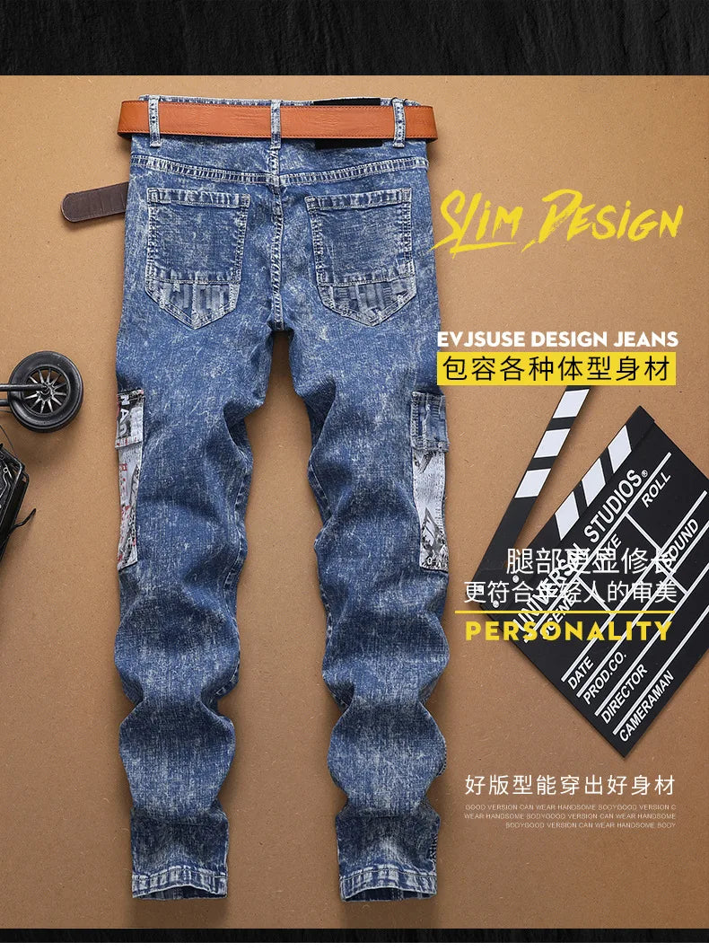 Europe Jeans Men's Straight Tight Splicing Comfortable Stylish Motorcycle Tousers All-match Printing Casual Male Denim Pants