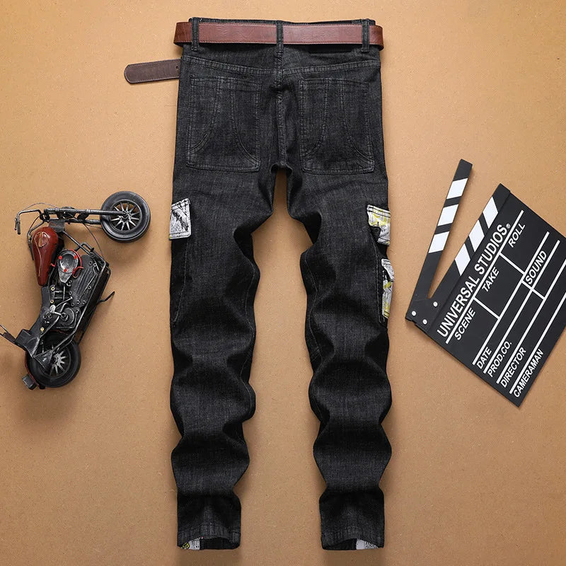 Europe Jeans Men's Straight Tight Splicing Comfortable Stylish Motorcycle Tousers All-match Printing Casual Male Denim Pants