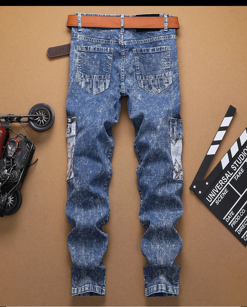 Europe Jeans Men's Straight Tight Splicing Comfortable Stylish Motorcycle Tousers All-match Printing Casual Male Denim Pants