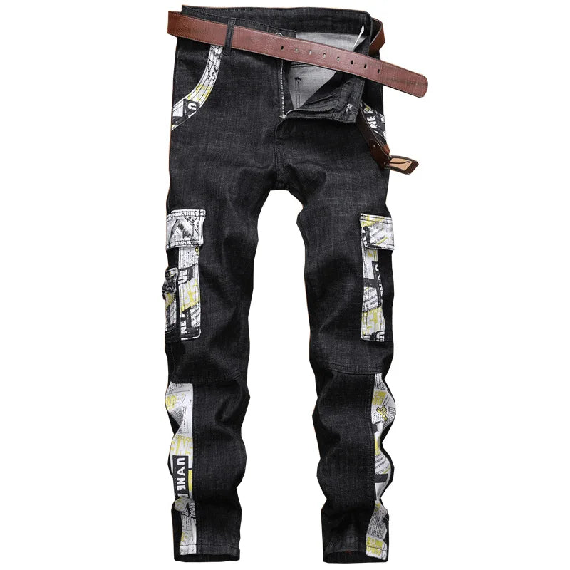 Europe Jeans Men's Straight Tight Splicing Comfortable Stylish Motorcycle Tousers All-match Printing Casual Male Denim Pants