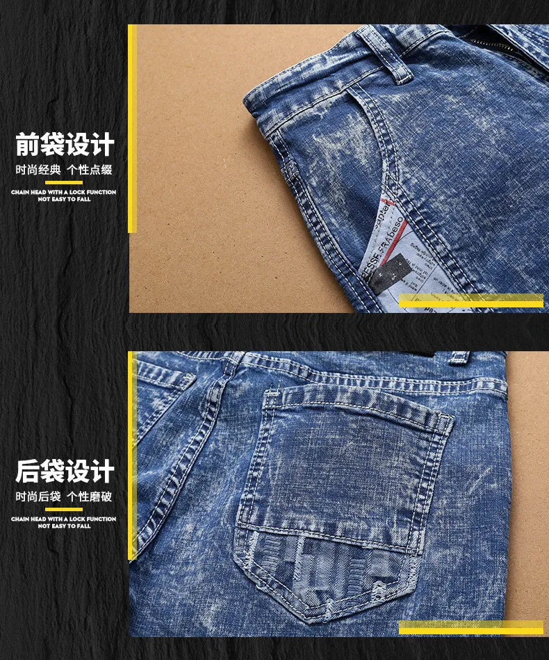 Europe Jeans Men's Straight Tight Splicing Comfortable Stylish Motorcycle Tousers All-match Printing Casual Male Denim Pants