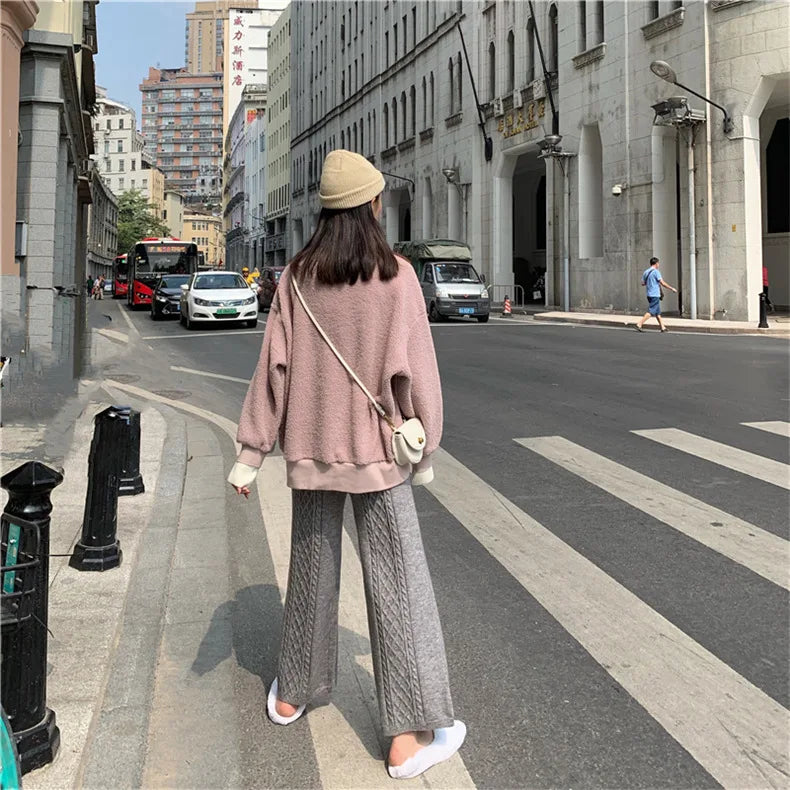 2022 Fall Winter New Twist Knitted Wide Leg Tousers Women Korean Comfy High Waist Tie Draped Straight Leg Casual Pants Female