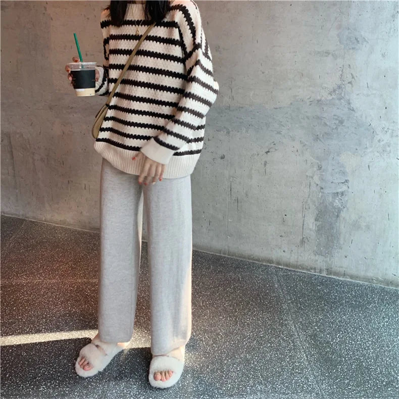 2022 Fall Winter New Twist Knitted Wide Leg Tousers Women Korean Comfy High Waist Tie Draped Straight Leg Casual Pants Female