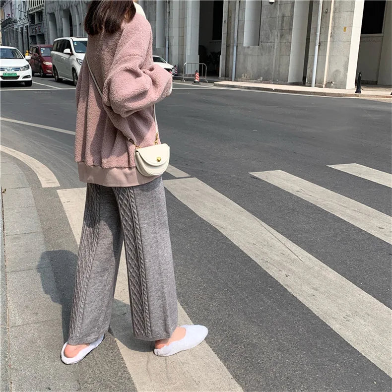 2022 Fall Winter New Twist Knitted Wide Leg Tousers Women Korean Comfy High Waist Tie Draped Straight Leg Casual Pants Female