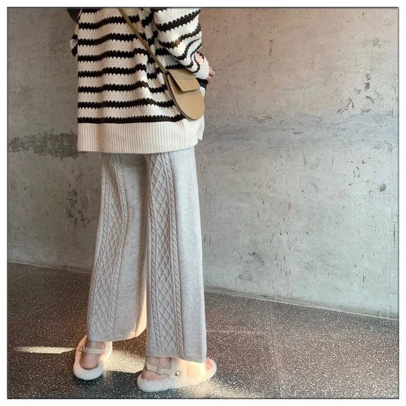 2022 Fall Winter New Twist Knitted Wide Leg Tousers Women Korean Comfy High Waist Tie Draped Straight Leg Casual Pants Female