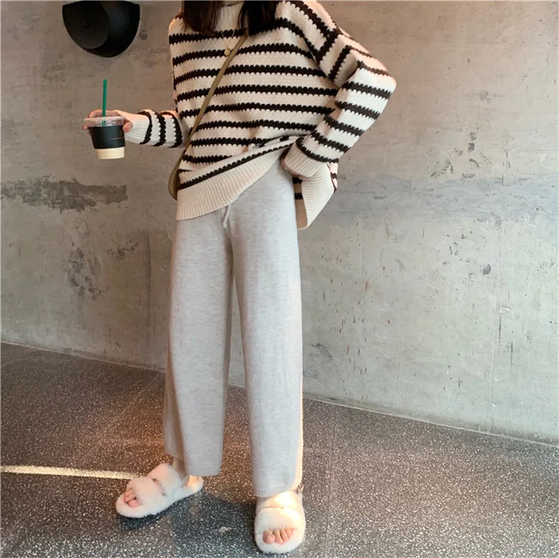 2022 Fall Winter New Twist Knitted Wide Leg Tousers Women Korean Comfy High Waist Tie Draped Straight Leg Casual Pants Female