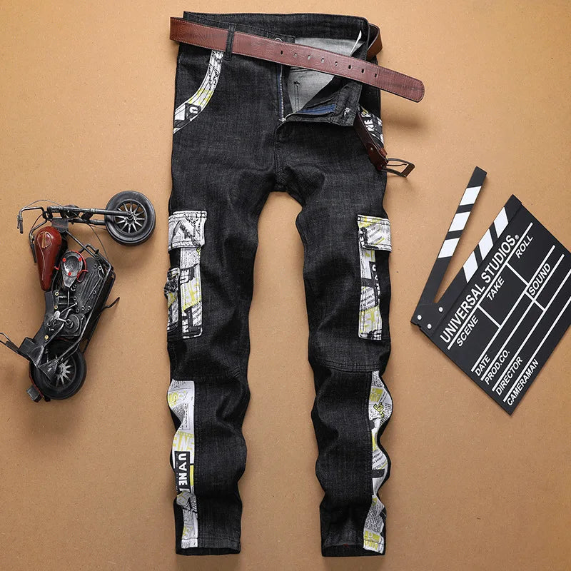 Europe Jeans Men's Straight Tight Splicing Comfortable Stylish Motorcycle Tousers All-match Printing Casual Male Denim Pants