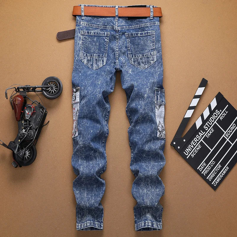 Europe Jeans Men's Straight Tight Splicing Comfortable Stylish Motorcycle Tousers All-match Printing Casual Male Denim Pants