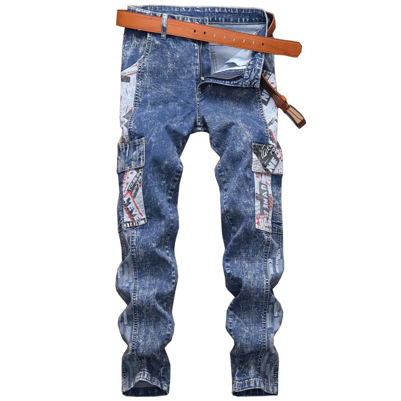 Europe Jeans Men's Straight Tight Splicing Comfortable Stylish Motorcycle Tousers All-match Printing Casual Male Denim Pants