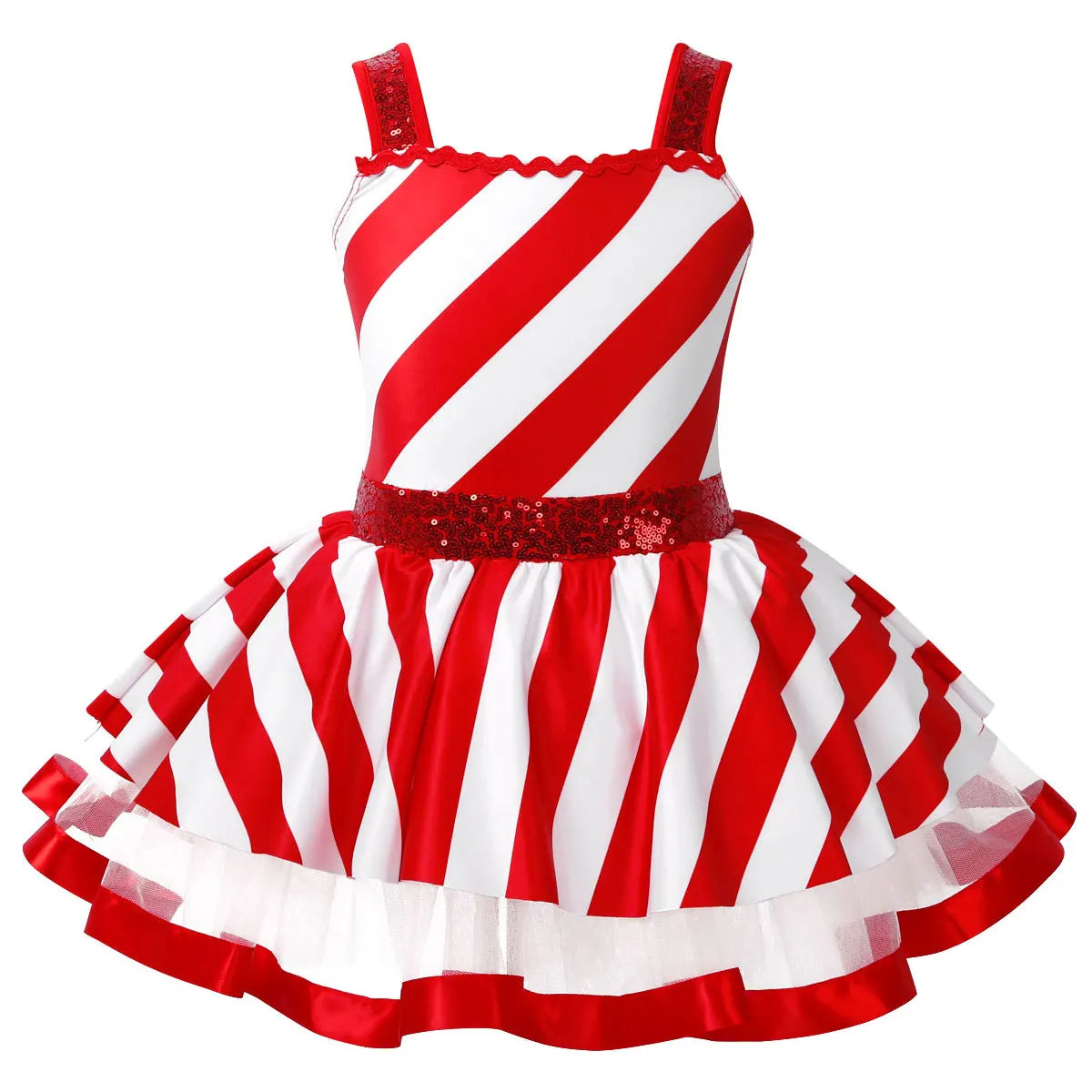 #2T-16 Kids Girls Christmas Dance Costume Candy Cane Santa Claus Leotard Dress Sequins Striped Ice Skating Roller Dancewear