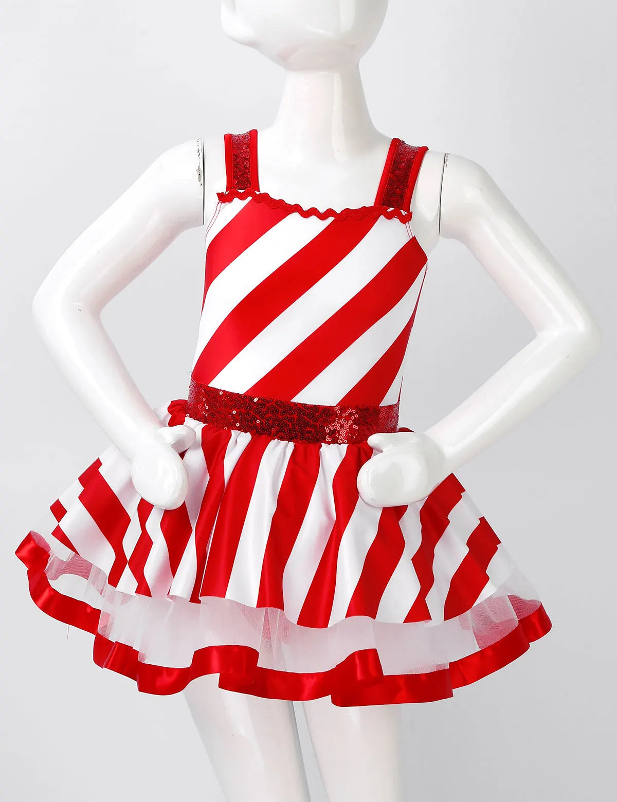 #2T-16 Kids Girls Christmas Dance Costume Candy Cane Santa Claus Leotard Dress Sequins Striped Ice Skating Roller Dancewear