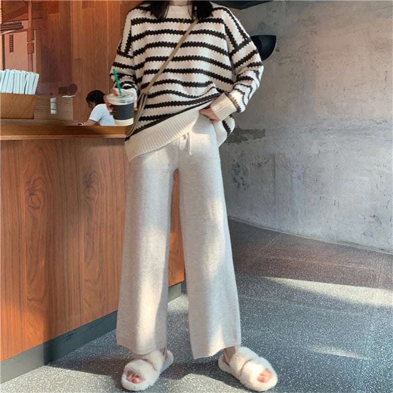 2022 Fall Winter New Twist Knitted Wide Leg Tousers Women Korean Comfy High Waist Tie Draped Straight Leg Casual Pants Female