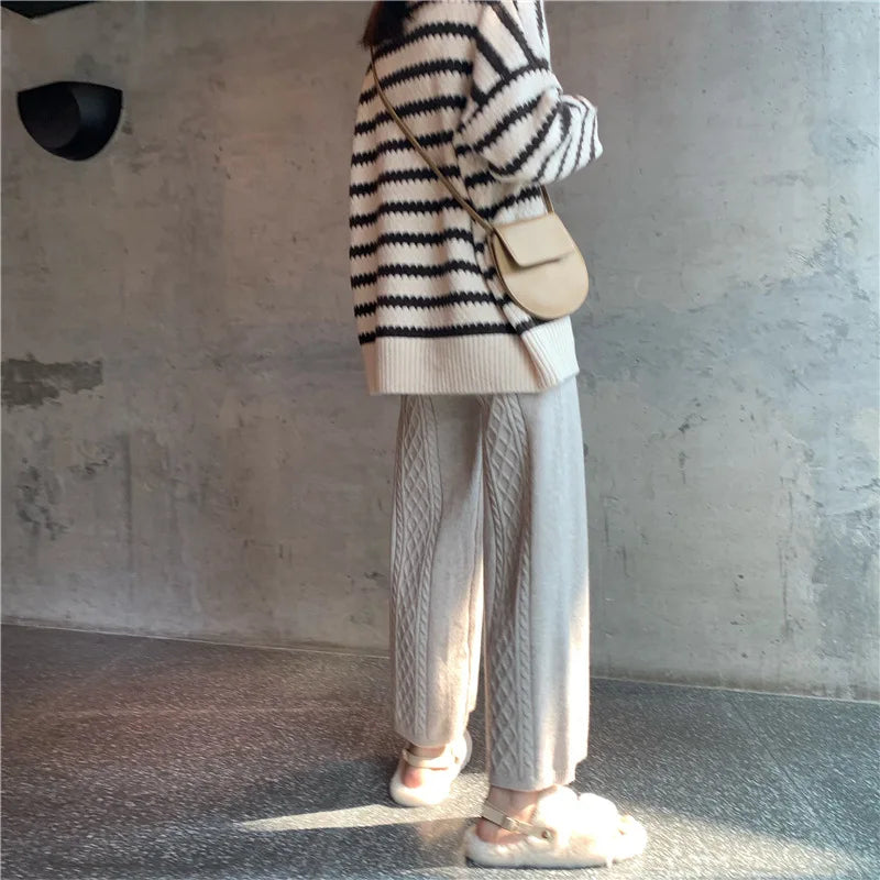 2022 Fall Winter New Twist Knitted Wide Leg Tousers Women Korean Comfy High Waist Tie Draped Straight Leg Casual Pants Female