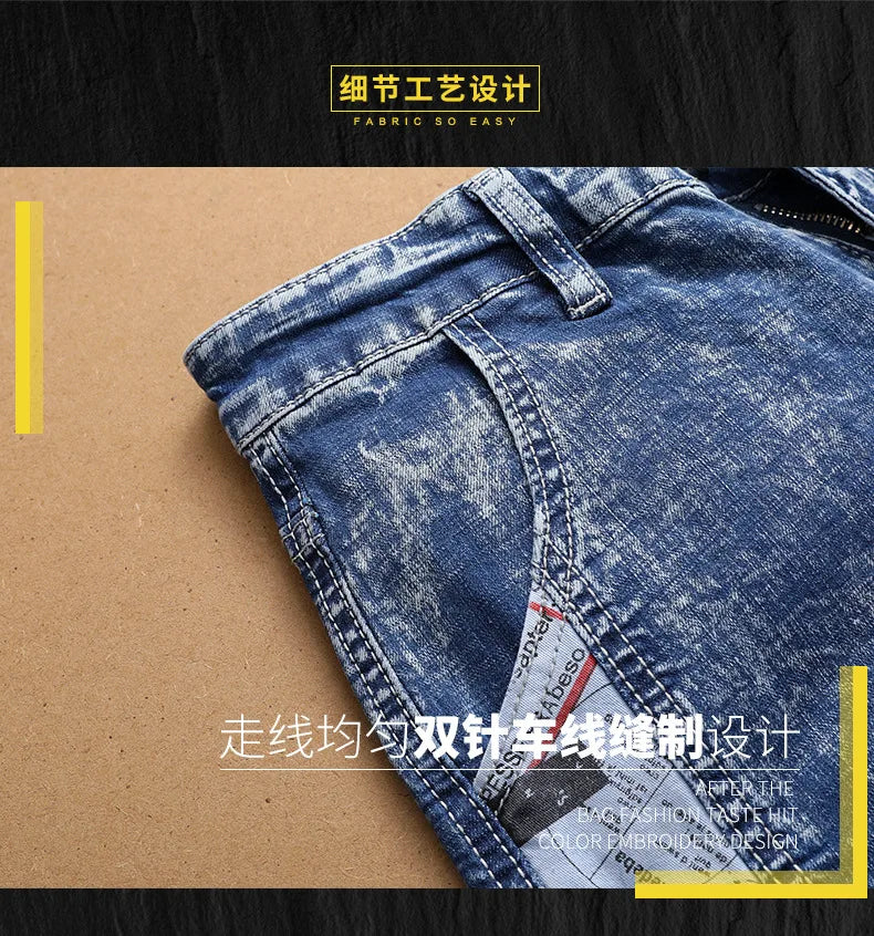 Europe Jeans Men's Straight Tight Splicing Comfortable Stylish Motorcycle Tousers All-match Printing Casual Male Denim Pants