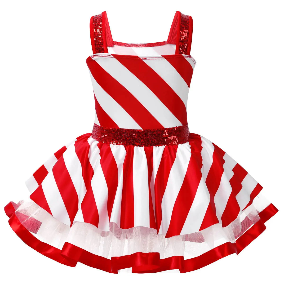 #2T-16 Kids Girls Christmas Dance Costume Candy Cane Santa Claus Leotard Dress Sequins Striped Ice Skating Roller Dancewear