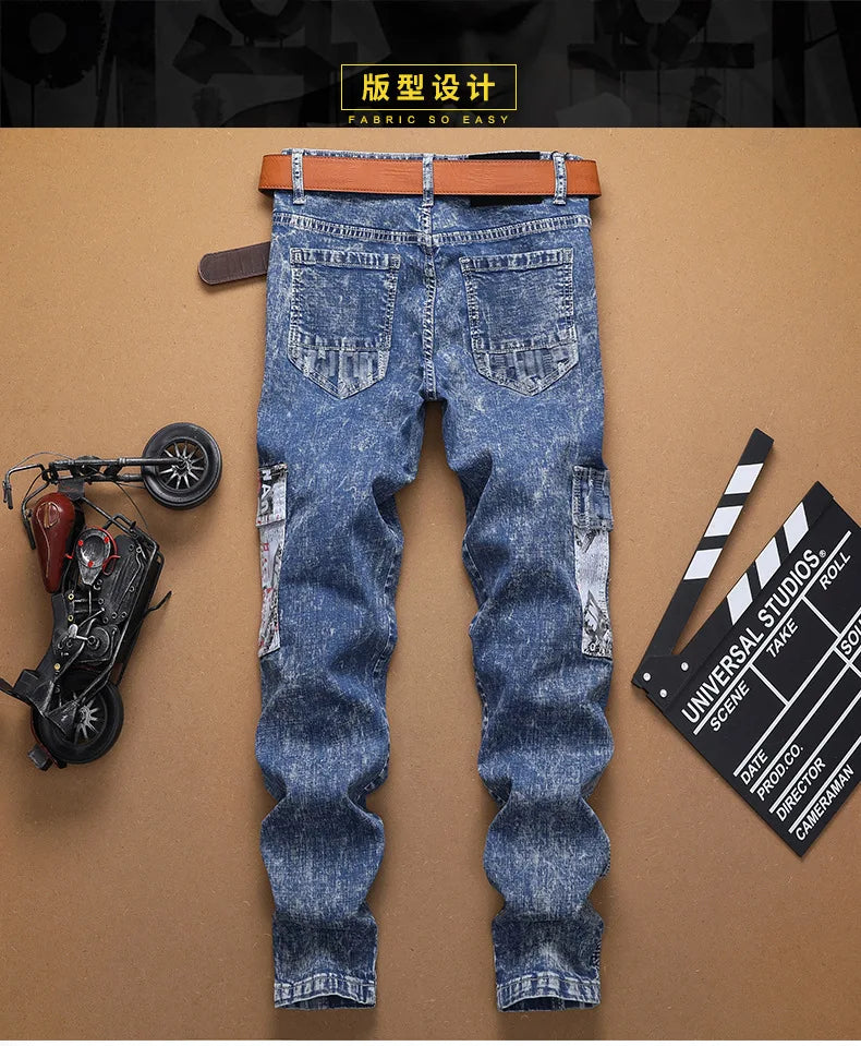 Europe Jeans Men's Straight Tight Splicing Comfortable Stylish Motorcycle Tousers All-match Printing Casual Male Denim Pants