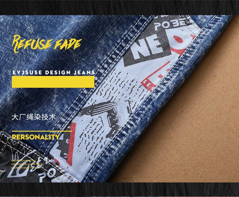 Europe Jeans Men's Straight Tight Splicing Comfortable Stylish Motorcycle Tousers All-match Printing Casual Male Denim Pants