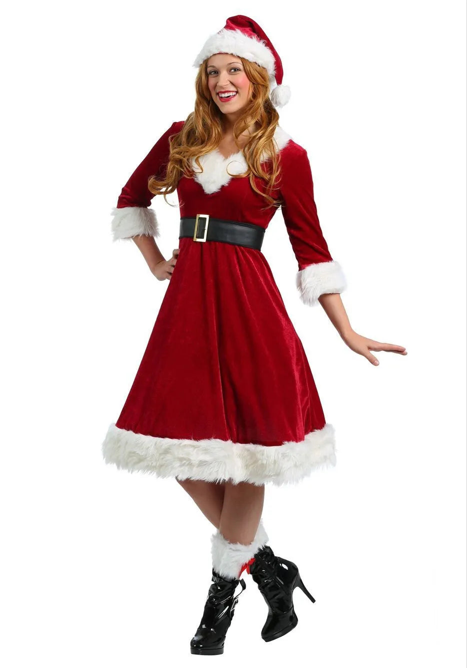 Deluxe Women Red Velvet Xmas Dress Christmas Cosplay Santa Claus Costume