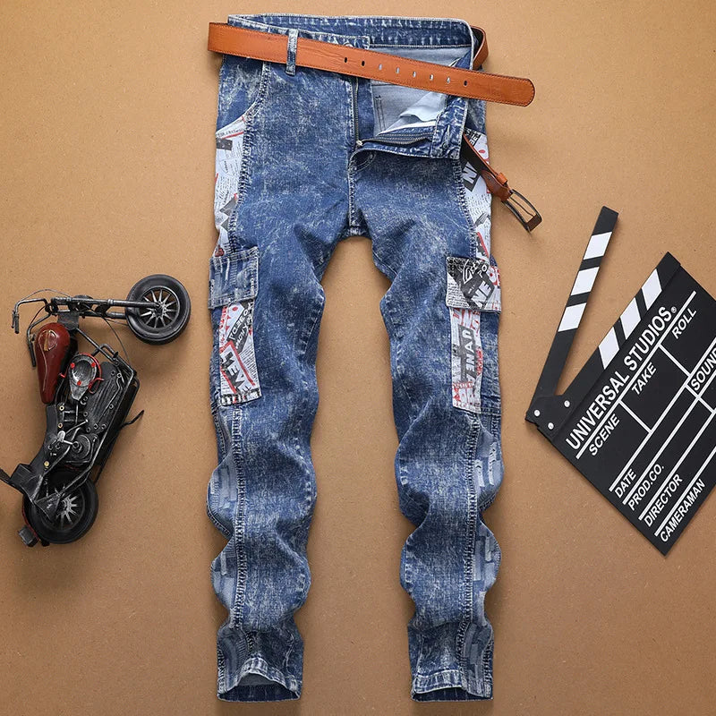 Europe Jeans Men's Straight Tight Splicing Comfortable Stylish Motorcycle Tousers All-match Printing Casual Male Denim Pants