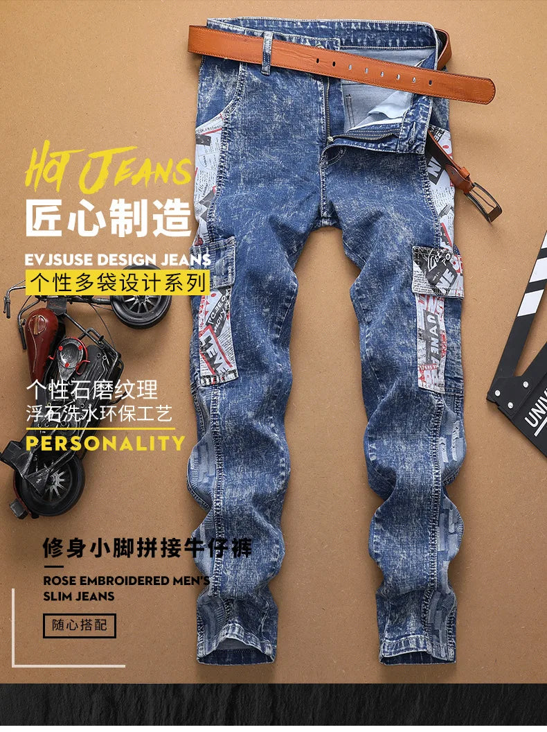 Europe Jeans Men's Straight Tight Splicing Comfortable Stylish Motorcycle Tousers All-match Printing Casual Male Denim Pants