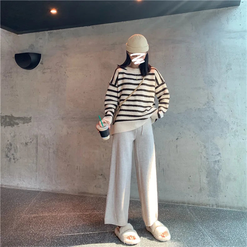 2022 Fall Winter New Twist Knitted Wide Leg Tousers Women Korean Comfy High Waist Tie Draped Straight Leg Casual Pants Female