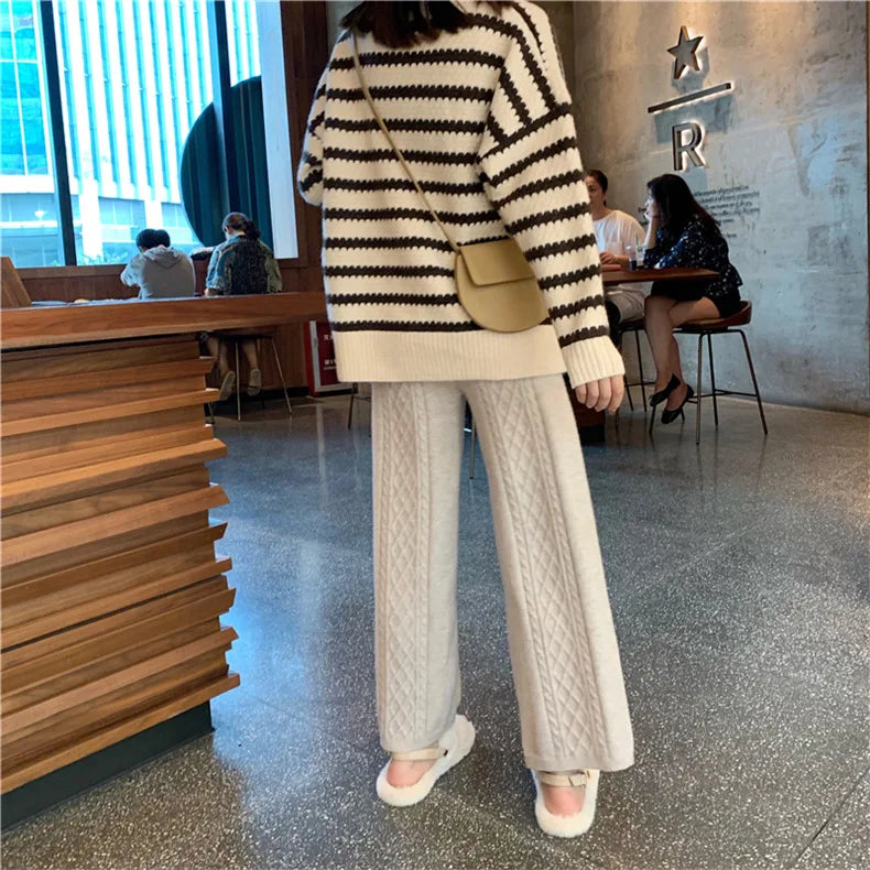 2022 Fall Winter New Twist Knitted Wide Leg Tousers Women Korean Comfy High Waist Tie Draped Straight Leg Casual Pants Female