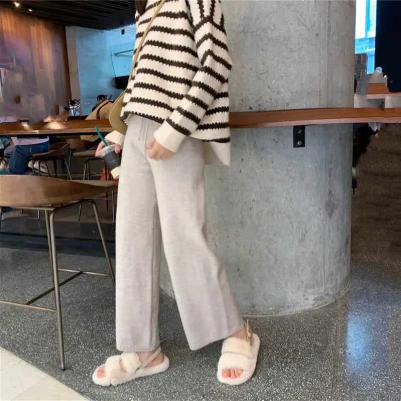 2022 Fall Winter New Twist Knitted Wide Leg Tousers Women Korean Comfy High Waist Tie Draped Straight Leg Casual Pants Female