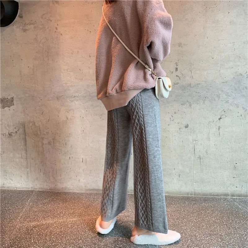 2022 Fall Winter New Twist Knitted Wide Leg Tousers Women Korean Comfy High Waist Tie Draped Straight Leg Casual Pants Female