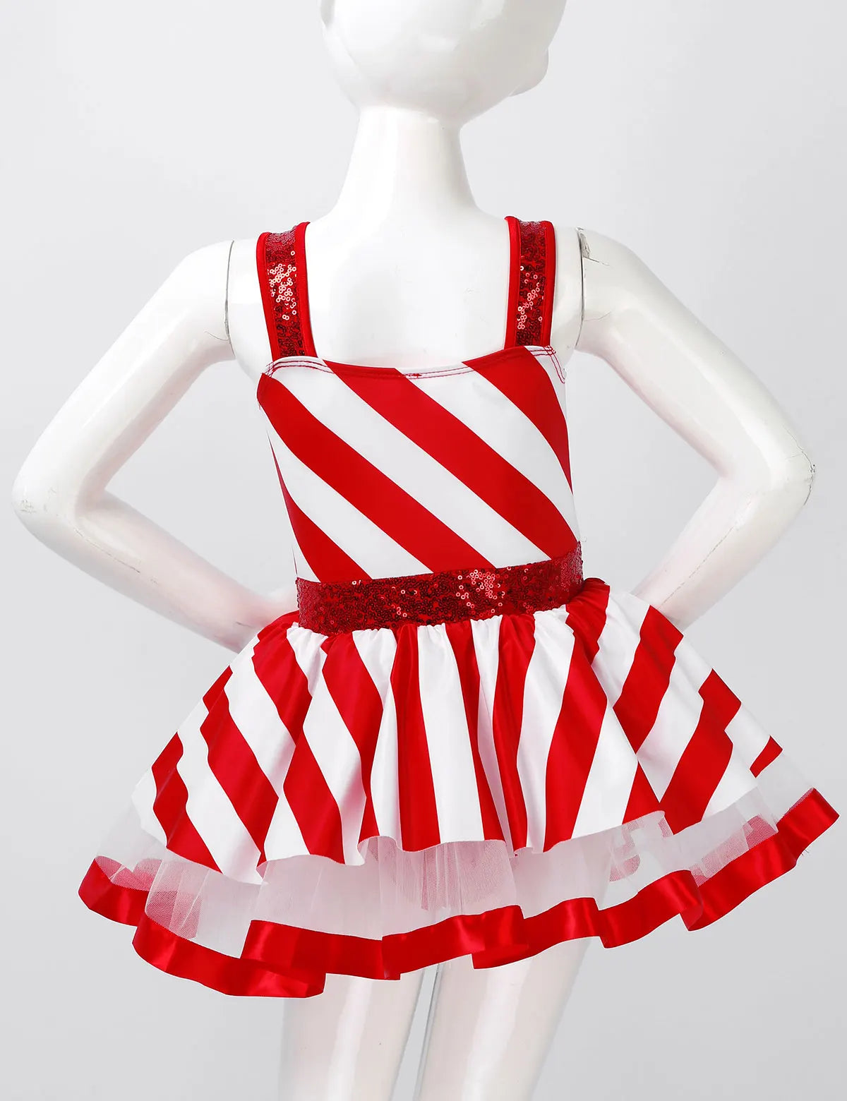 #2T-16 Kids Girls Christmas Dance Costume Candy Cane Santa Claus Leotard Dress Sequins Striped Ice Skating Roller Dancewear