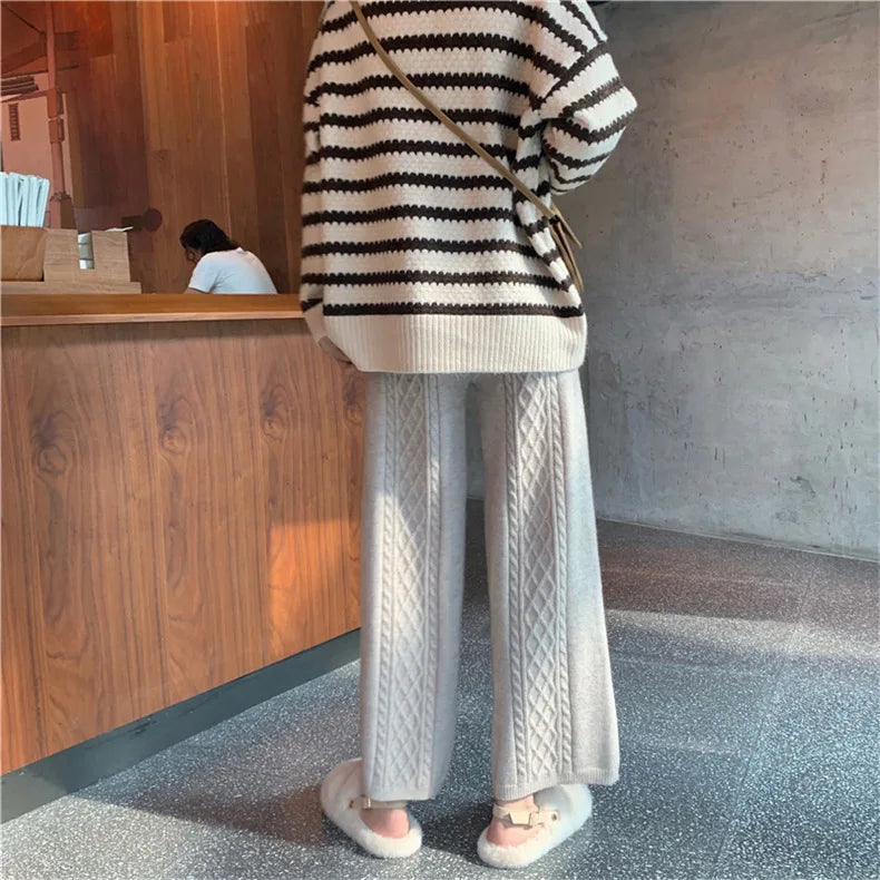 2022 Fall Winter New Twist Knitted Wide Leg Tousers Women Korean Comfy High Waist Tie Draped Straight Leg Casual Pants Female