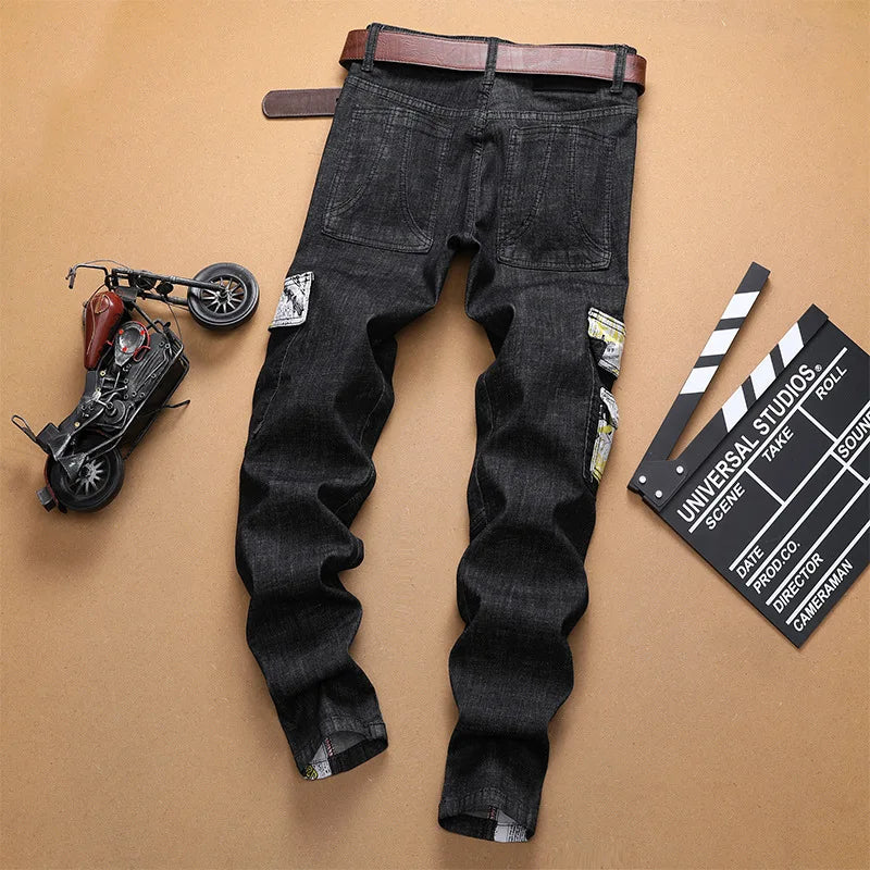 Europe Jeans Men's Straight Tight Splicing Comfortable Stylish Motorcycle Tousers All-match Printing Casual Male Denim Pants