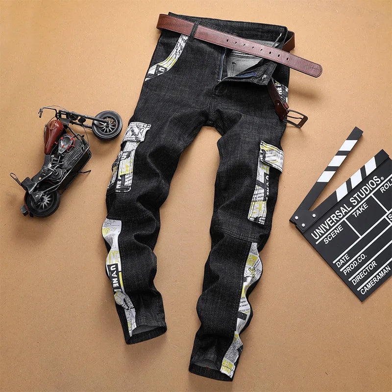 Europe Jeans Men's Straight Tight Splicing Comfortable Stylish Motorcycle Tousers All-match Printing Casual Male Denim Pants