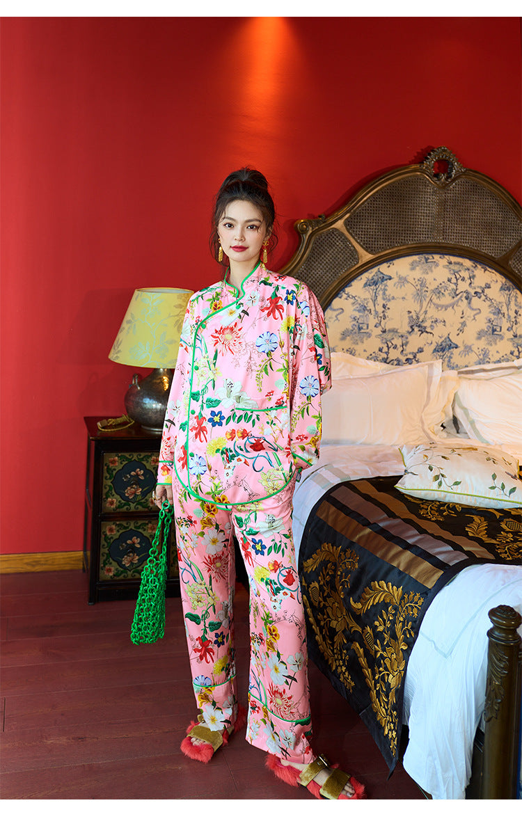 Pink Floral Print Satin Women Pajamas Set Long Sleeve Wide Leg Tousers Silk Sleepwear for Female 2 Pieces Pyjama Loungewear Home