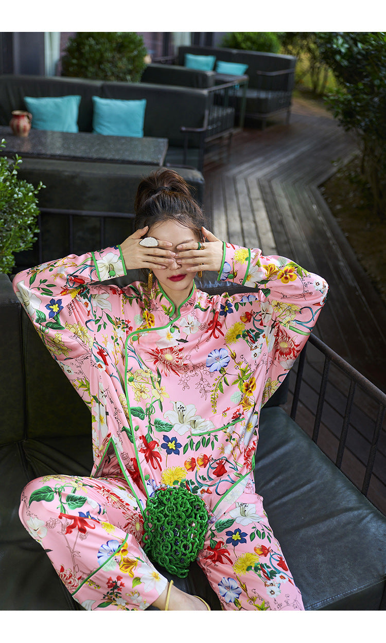 Pink Floral Print Satin Women Pajamas Set Long Sleeve Wide Leg Tousers Silk Sleepwear for Female 2 Pieces Pyjama Loungewear Home