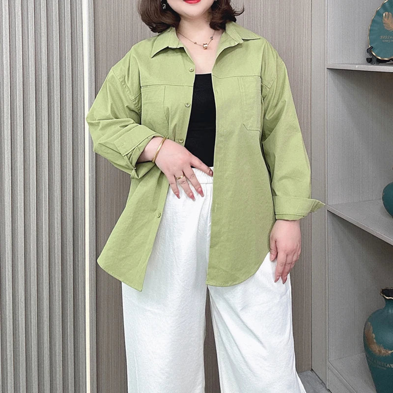 Spring/Autumn New Lapel Long Sleeve Loose Shirt Women Plus Size Casual Style Pocket Shirt-Coat 2314