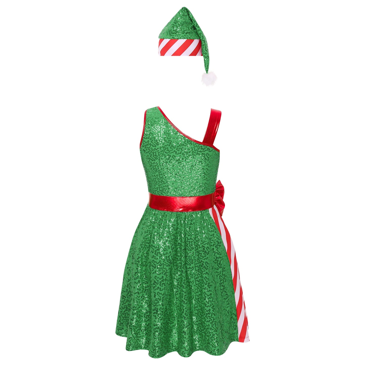 Women Christmas Santa Claus Costume Candy Cane Sequins Dance Dress with Hat Set Mrs Santa Elf Xmas Holiday Party Cosplay Costume