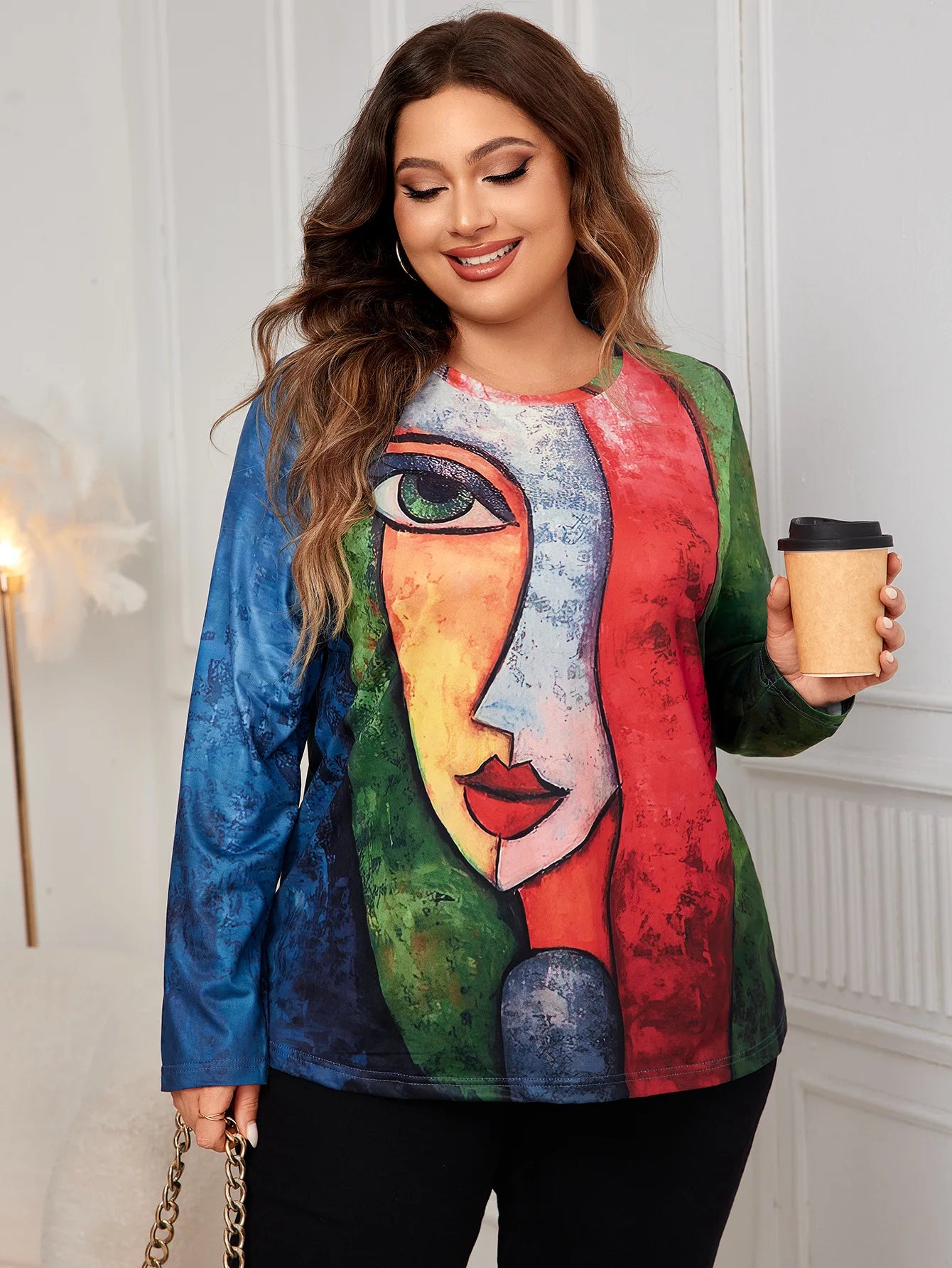 Plus Size Long Sleeve Print Shirt Women Fashion Oversized Loose T Shirts for Women Autumn Spring Winter