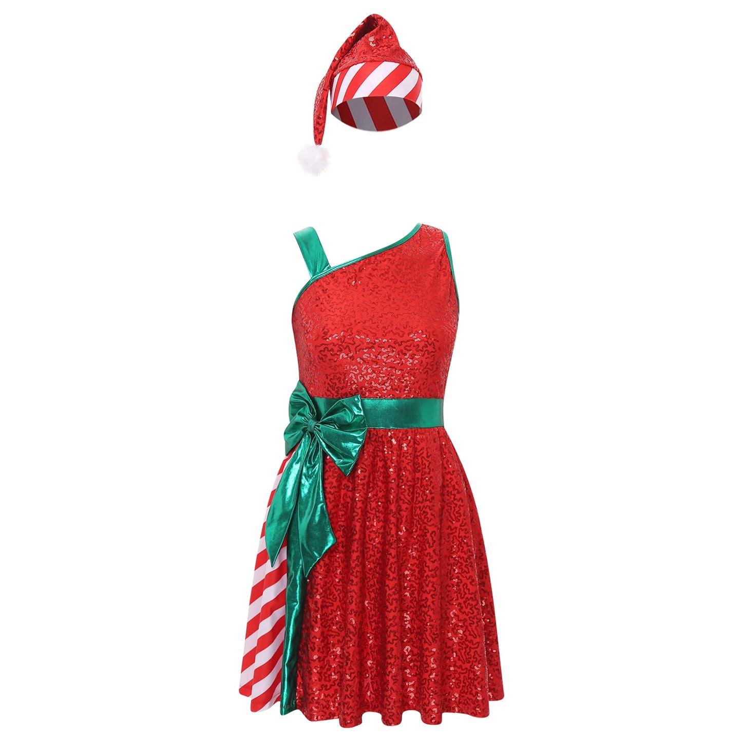 Women Christmas Santa Claus Costume Candy Cane Sequins Dance Dress with Hat Set Mrs Santa Elf Xmas Holiday Party Cosplay Costume