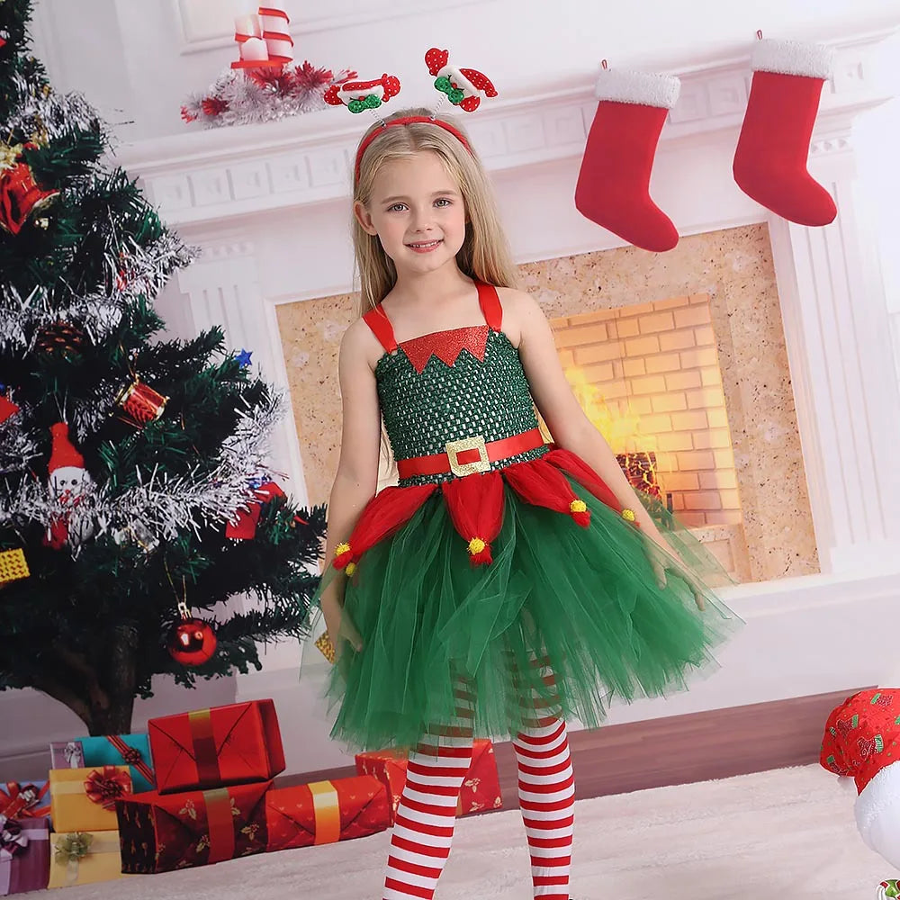 Children Christmas Clothing Girl Cosplay Christmas Tree Dress Princess Pomp Dress Children Holiday Party Cute Stage Costume