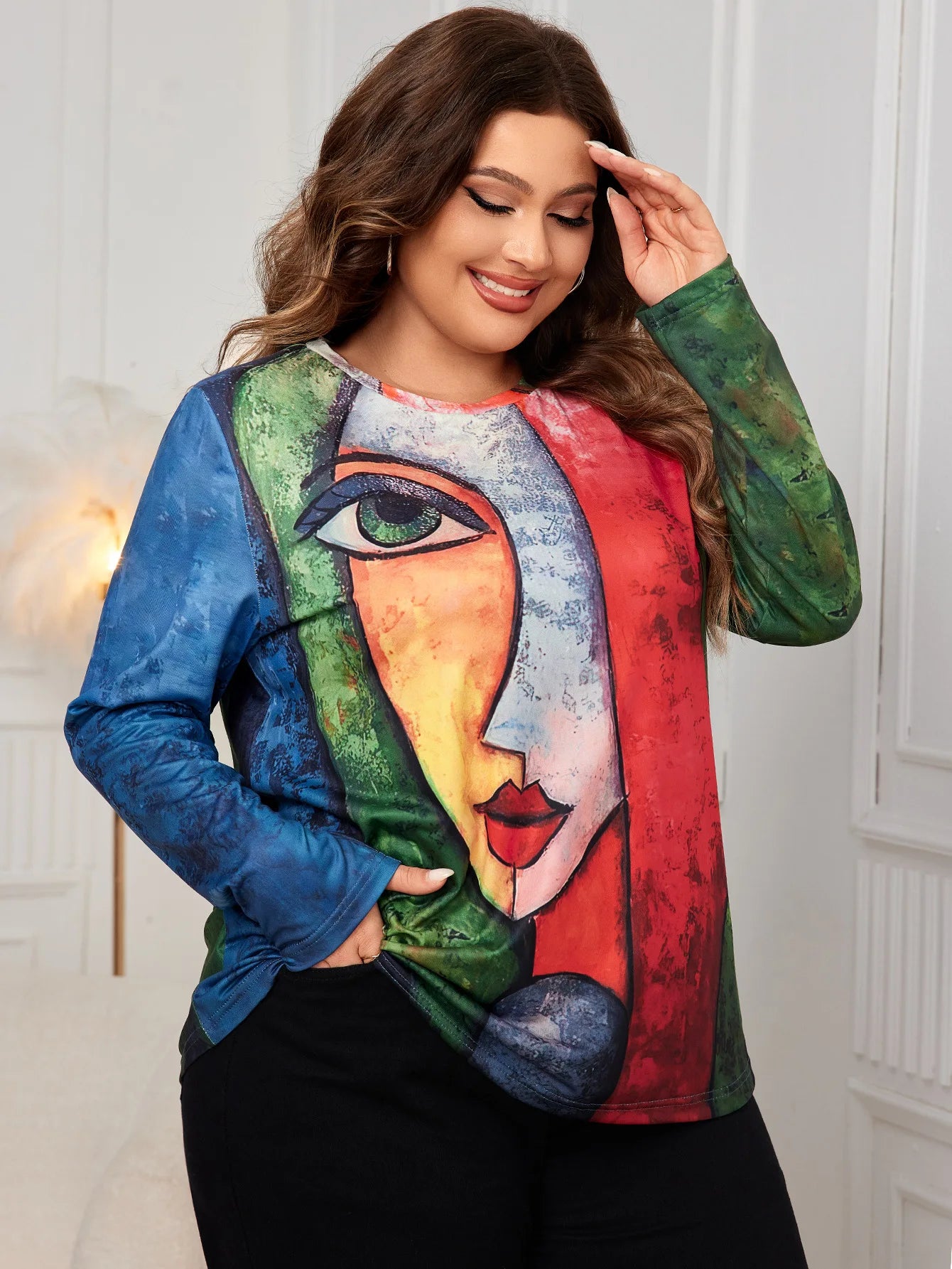 Plus Size Long Sleeve Print Shirt Women Fashion Oversized Loose T Shirts for Women Autumn Spring Winter