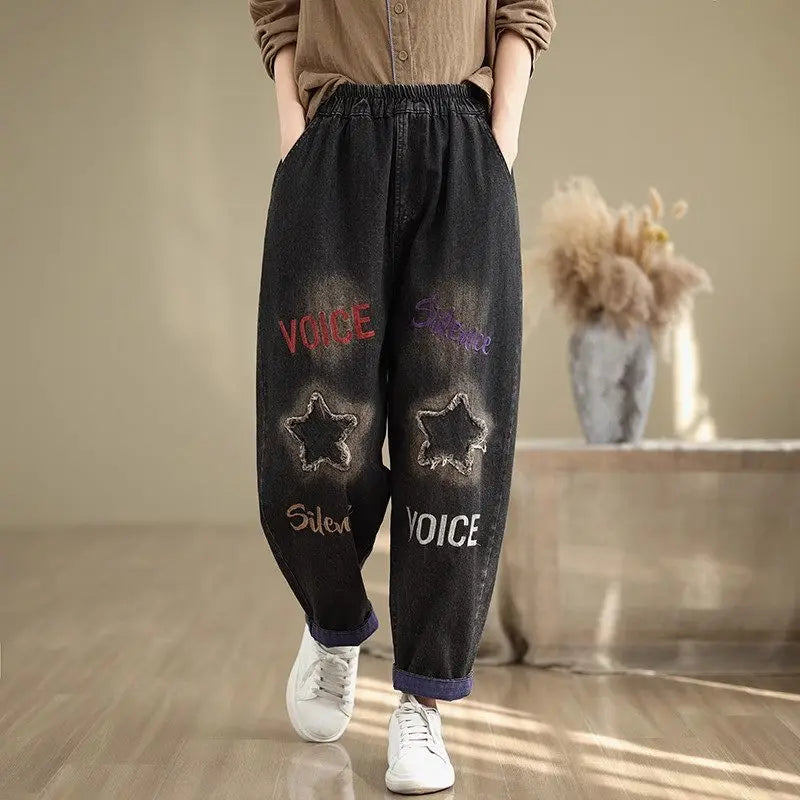 2024 Autumn New Vintage Loose Large Size Jeans Women's Harem Patch Letter Elastic High Waist Radish Pants Denim Dad Tousers K252