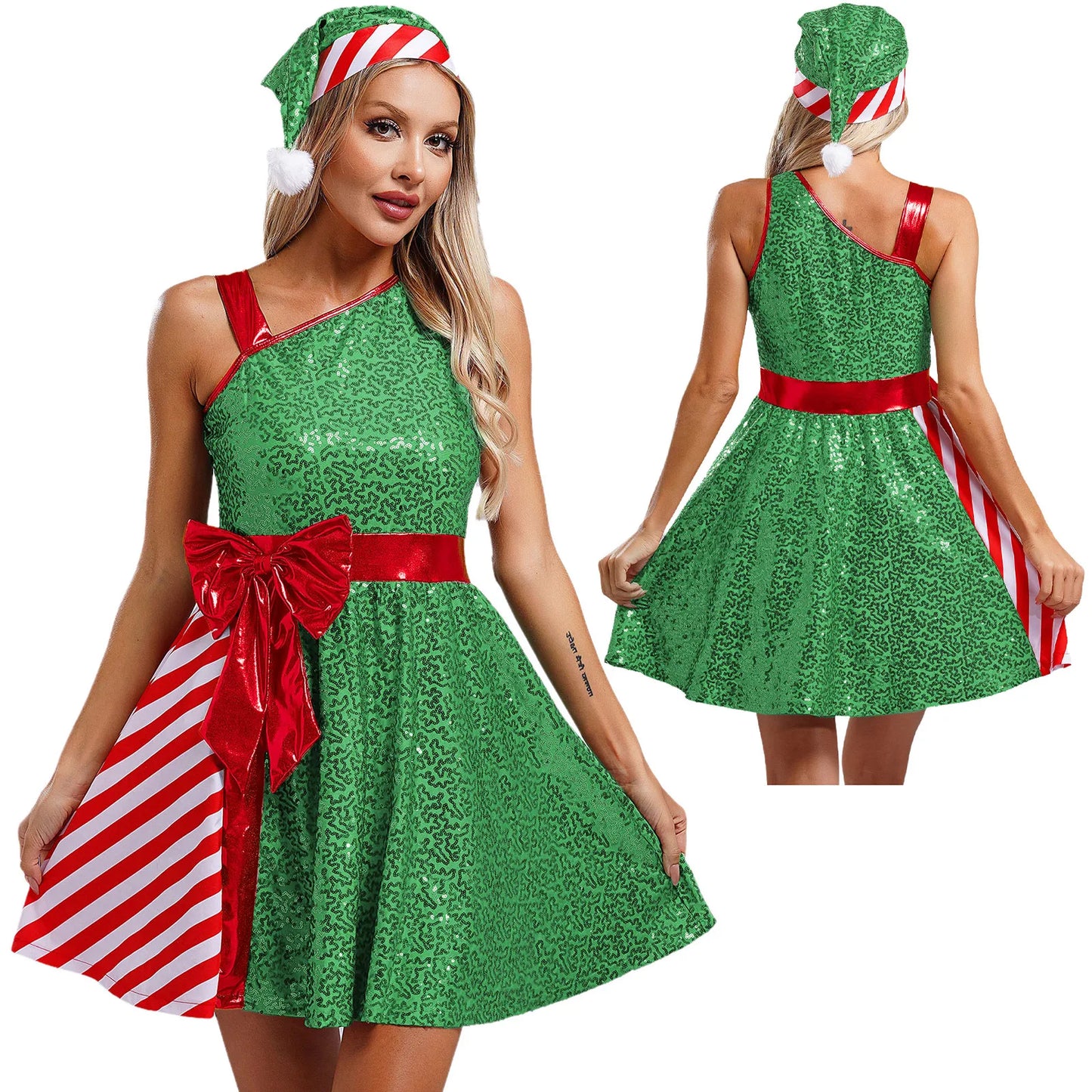 Women Christmas Santa Claus Costume Candy Cane Sequins Dance Dress with Hat Set Mrs Santa Elf Xmas Holiday Party Cosplay Costume