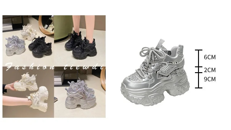 Women High Platform Sneakers Bling Leather Sport Dad Shoes Trainers 11CM Casual Thick Bottom Chunky Sneakers Woman Zapatos Mujer