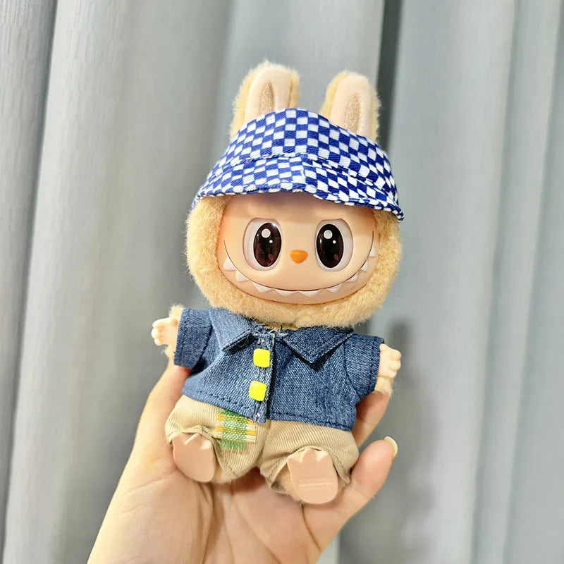 17cm Labubu I II Cute Plush Doll'S Clothes Idol Dolls Sitting Party Pink Green Button Denim Suit Accessories For Korea Kpop Exo