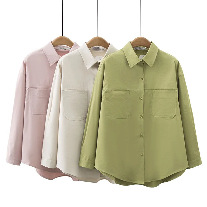 Spring/Autumn New Lapel Long Sleeve Loose Shirt Women Plus Size Casual Style Pocket Shirt-Coat 2314