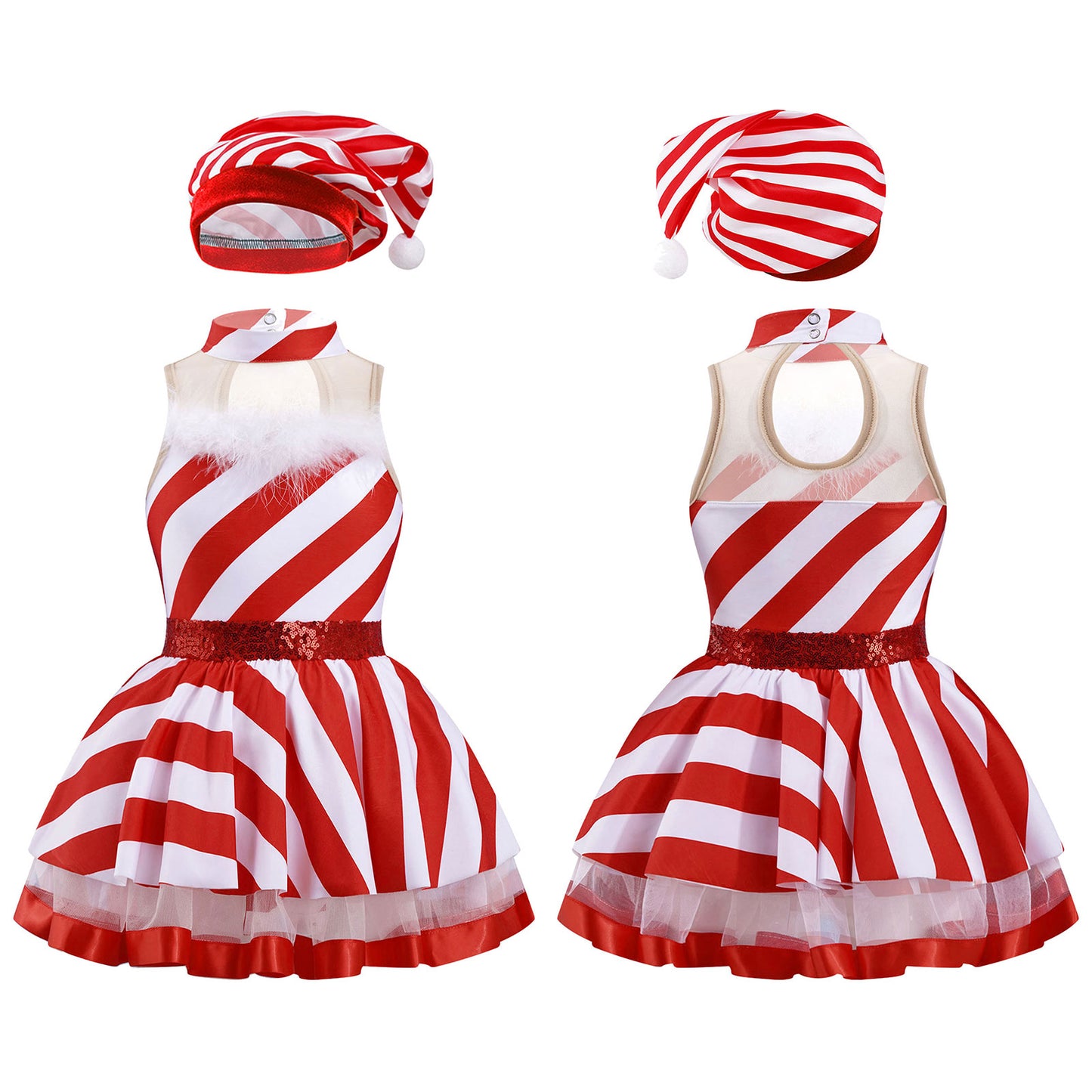 Teen Girls Christmas Party Dress Striped Candy Cane Ballet Dance Skating Leotard Tutu with Hat Xmas Santa Claus Cosplay Costume