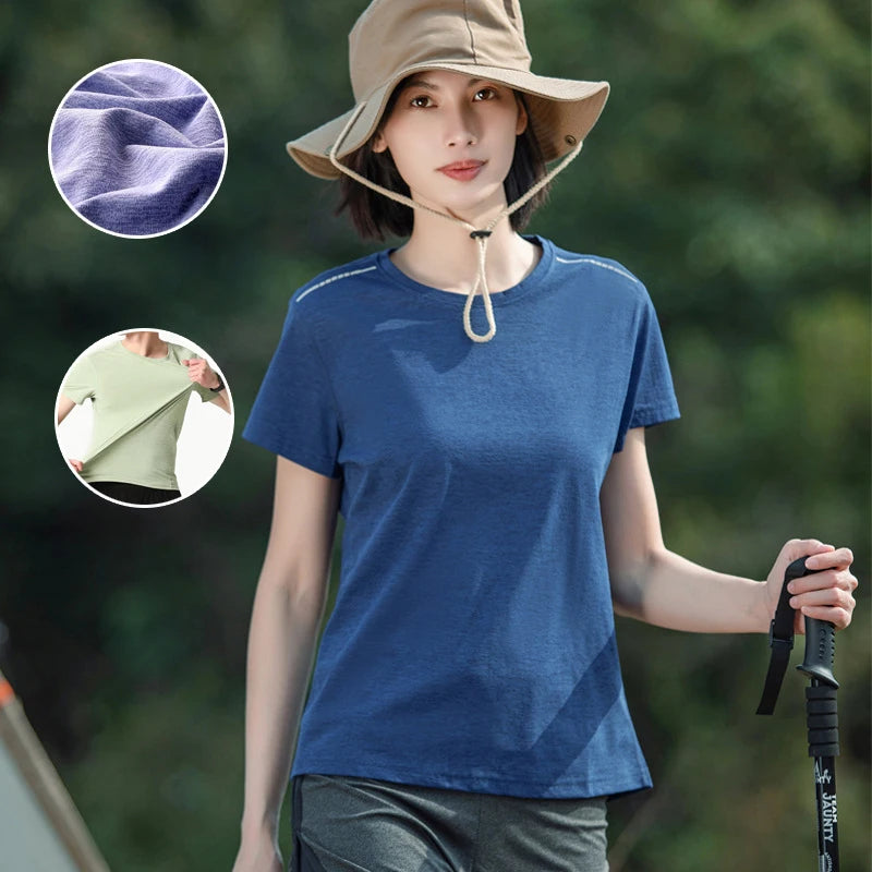 Outdoor Quick Dry Round Neck Short-Sleeved T-Shirt Women Men's Summer Camping Hiking Fishing Climbing Yoga Running Fitness Tops