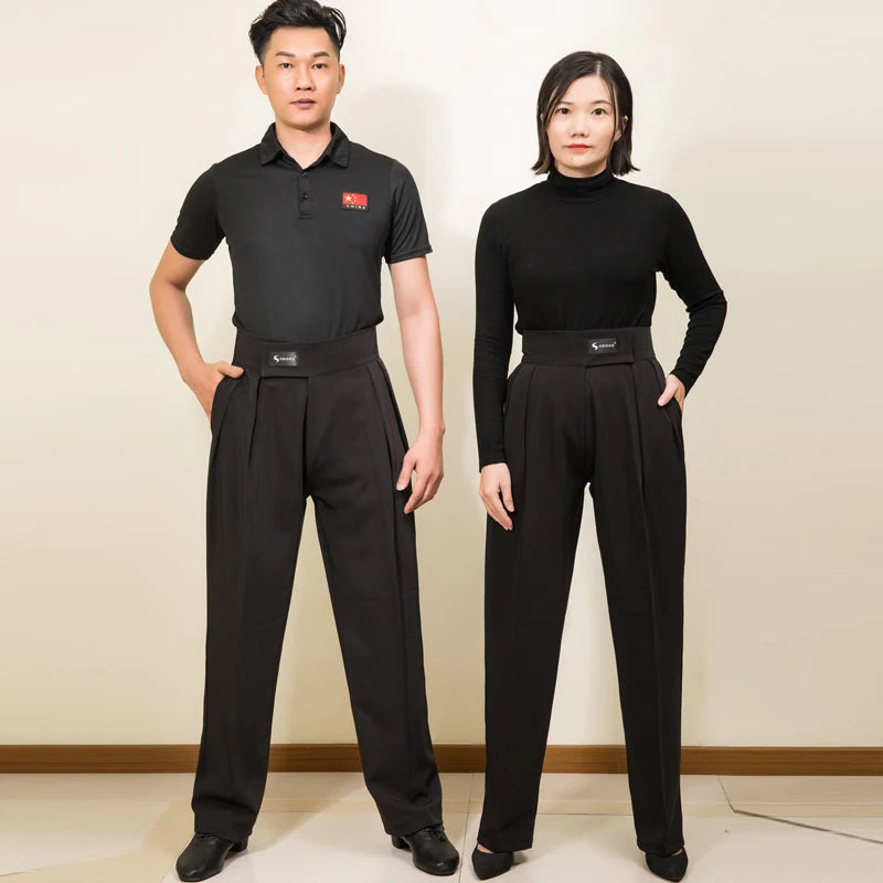 Men Women Latin Dance Pants Adult Ballroom Dance Competition Tousers High Waist Black Cha Cha Salsa Waltz Dancewear DNV17982